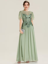 Load image into Gallery viewer, Color=Mint Green | Volume Discounts Short Sleeve Ruffle Sequin Round Neck A-Line Floor Length Evening Dresses-Mint Green 1