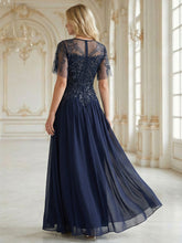 Load image into Gallery viewer, Volume Discounts Short Sleeve Ruffle Sequin Round Neck A-Line Floor Length Evening Dresses