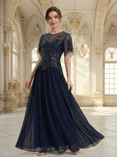 Load image into Gallery viewer, Volume Discounts Short Sleeve Ruffle Sequin Round Neck A-Line Floor Length Evening Dresses