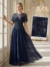 Load image into Gallery viewer, Color=Navy Blue | Volume Discounts Short Sleeve Ruffle Sequin Round Neck A-Line Floor Length Evening Dresses 10