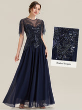 Load image into Gallery viewer, Color=Navy Blue | Volume Discounts Short Sleeve Ruffle Sequin Round Neck A-Line Floor Length Evening Dresses 11