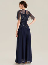 Load image into Gallery viewer, Color=Navy Blue | Volume Discounts Short Sleeve Ruffle Sequin Round Neck A-Line Floor Length Evening Dresses-Navy Blue 7