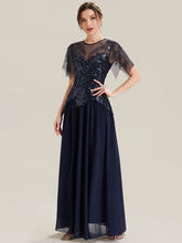 Load image into Gallery viewer, Color=Navy Blue | Volume Discounts Short Sleeve Ruffle Sequin Round Neck A-Line Floor Length Evening Dresses-Navy Blue 9