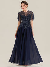 Load image into Gallery viewer, Color=Navy Blue | Volume Discounts Short Sleeve Ruffle Sequin Round Neck A-Line Floor Length Evening Dresses-Navy Blue 10