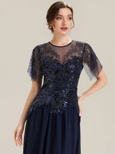 Load image into Gallery viewer, Color=Navy Blue | Volume Discounts Short Sleeve Ruffle Sequin Round Neck A-Line Floor Length Evening Dresses-Navy Blue 8