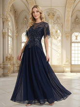 Load image into Gallery viewer, Volume Discounts Short Sleeve Ruffle Sequin Round Neck A-Line Floor Length Evening Dresses