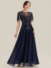 Load image into Gallery viewer, Color=Navy Blue | Volume Discounts Short Sleeve Ruffle Sequin Round Neck A-Line Floor Length Evening Dresses-Navy Blue 6