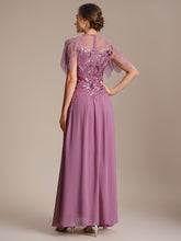 Load image into Gallery viewer, Color=Orchid | Volume Discounts Short Sleeve Ruffle Sequin Round Neck A-Line Floor Length Evening Dresses 2