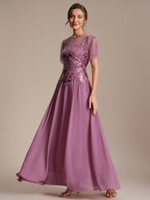 Load image into Gallery viewer, Color=Orchid | Volume Discounts Short Sleeve Ruffle Sequin Round Neck A-Line Floor Length Evening Dresses 3