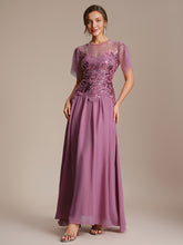 Load image into Gallery viewer, Color=Orchid | Volume Discounts Short Sleeve Ruffle Sequin Round Neck A-Line Floor Length Evening Dresses 4