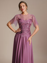 Load image into Gallery viewer, Color=Orchid | Volume Discounts Short Sleeve Ruffle Sequin Round Neck A-Line Floor Length Evening Dresses 5