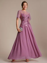 Load image into Gallery viewer, Color=Orchid | Volume Discounts Short Sleeve Ruffle Sequin Round Neck A-Line Floor Length Evening Dresses 1