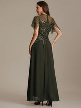 Load image into Gallery viewer, Color=Olive Green | Volume Discounts Short Sleeve Ruffle Sequin Round Neck A-Line Floor Length Evening Dresses 2