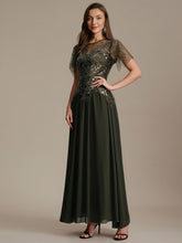 Load image into Gallery viewer, Color=Olive Green | Volume Discounts Short Sleeve Ruffle Sequin Round Neck A-Line Floor Length Evening Dresses 3