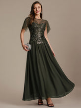 Load image into Gallery viewer, Color=Olive Green | Volume Discounts Short Sleeve Ruffle Sequin Round Neck A-Line Floor Length Evening Dresses 4