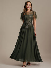 Load image into Gallery viewer, Color=Olive Green | Volume Discounts Short Sleeve Ruffle Sequin Round Neck A-Line Floor Length Evening Dresses 1