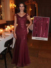 Load image into Gallery viewer, Color=Burgundy | One Stop Shop Short Sleeves Off Shoulder Fishtail Embroidered Evening Dresses 9