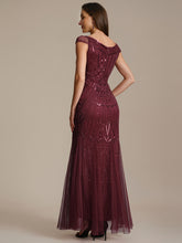 Load image into Gallery viewer, Color=Burgundy | One Stop Shop Short Sleeves Off Shoulder Fishtail Embroidered Evening Dresses 2