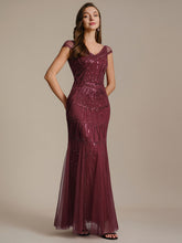 Load image into Gallery viewer, Color=Burgundy | One Stop Shop Short Sleeves Off Shoulder Fishtail Embroidered Evening Dresses 3