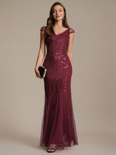 Load image into Gallery viewer, Color=Burgundy | One Stop Shop Short Sleeves Off Shoulder Fishtail Embroidered Evening Dresses 4