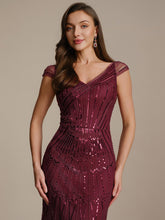 Load image into Gallery viewer, Color=Burgundy | One Stop Shop Short Sleeves Off Shoulder Fishtail Embroidered Evening Dresses 5