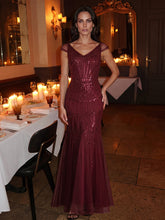 Load image into Gallery viewer, Color=Burgundy | One Stop Shop Short Sleeves Off Shoulder Fishtail Embroidered Evening Dresses 6