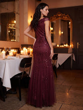 Load image into Gallery viewer, Color=Burgundy | One Stop Shop Short Sleeves Off Shoulder Fishtail Embroidered Evening Dresses 7
