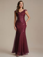 Load image into Gallery viewer, Color=Burgundy | One Stop Shop Short Sleeves Off Shoulder Fishtail Embroidered Evening Dresses 1