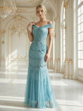 Load image into Gallery viewer, Color=Blue | One Stop Shop Short Sleeves Off Shoulder Fishtail Embroidered Evening Dresses 7