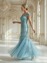 Load image into Gallery viewer, Color=Blue | One Stop Shop Short Sleeves Off Shoulder Fishtail Embroidered Evening Dresses 8