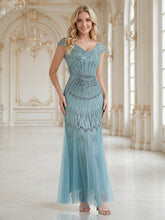 Load image into Gallery viewer, Color=Blue | One Stop Shop Short Sleeves Off Shoulder Fishtail Embroidered Evening Dresses 10