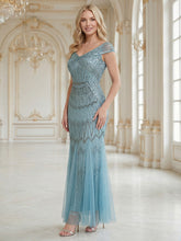Load image into Gallery viewer, Color=Blue | One Stop Shop Short Sleeves Off Shoulder Fishtail Embroidered Evening Dresses 11