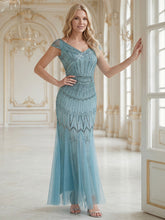 Load image into Gallery viewer, Color=Blue | One Stop Shop Short Sleeves Off Shoulder Fishtail Embroidered Evening Dresses 12
