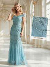 Load image into Gallery viewer, Color=Blue | One Stop Shop Short Sleeves Off Shoulder Fishtail Embroidered Evening Dresses 6