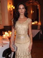 Load image into Gallery viewer, Color=Gold | One Stop Shop Short Sleeves Off Shoulder Fishtail Embroidered Evening Dresses 8