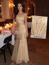Load image into Gallery viewer, Color=Gold | One Stop Shop Short Sleeves Off Shoulder Fishtail Embroidered Evening Dresses 9