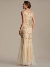 Load image into Gallery viewer, Color=Gold | One Stop Shop Short Sleeves Off Shoulder Fishtail Embroidered Evening Dresses 2