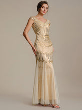 Load image into Gallery viewer, Color=Gold | One Stop Shop Short Sleeves Off Shoulder Fishtail Embroidered Evening Dresses 3