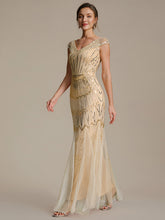 Load image into Gallery viewer, Color=Gold | One Stop Shop Short Sleeves Off Shoulder Fishtail Embroidered Evening Dresses 4