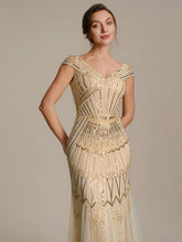 Load image into Gallery viewer, Color=Gold | One Stop Shop Short Sleeves Off Shoulder Fishtail Embroidered Evening Dresses 5