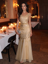 Load image into Gallery viewer, Color=Gold | One Stop Shop Short Sleeves Off Shoulder Fishtail Embroidered Evening Dresses 6
