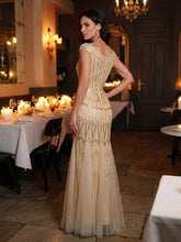 Load image into Gallery viewer, Color=Gold | One Stop Shop Short Sleeves Off Shoulder Fishtail Embroidered Evening Dresses 7