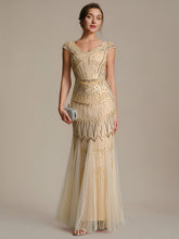 Load image into Gallery viewer, Color=Gold | One Stop Shop Short Sleeves Off Shoulder Fishtail Embroidered Evening Dresses 1