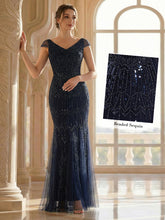 Load image into Gallery viewer, Color=Navy Blue | One Stop Shop Short Sleeves Off Shoulder Fishtail Embroidered Evening Dresses 10