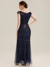 Load image into Gallery viewer, Color=Navy Blue | One Stop Shop Short Sleeves Off Shoulder Fishtail Embroidered Evening Dresses-Navy Blue 7