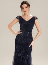 Load image into Gallery viewer, Color=Navy Blue | One Stop Shop Short Sleeves Off Shoulder Fishtail Embroidered Evening Dresses-Navy Blue 8