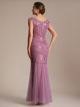 Load image into Gallery viewer, Color=Orchid | One Stop Shop Short Sleeves Off Shoulder Fishtail Embroidered Evening Dresses 2