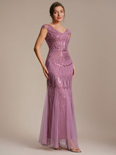 Load image into Gallery viewer, Color=Orchid | One Stop Shop Short Sleeves Off Shoulder Fishtail Embroidered Evening Dresses 3