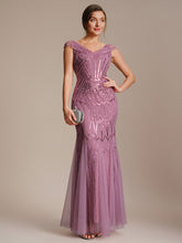 Load image into Gallery viewer, Color=Orchid | One Stop Shop Short Sleeves Off Shoulder Fishtail Embroidered Evening Dresses 4