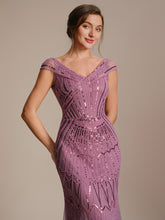 Load image into Gallery viewer, Color=Orchid | One Stop Shop Short Sleeves Off Shoulder Fishtail Embroidered Evening Dresses 5